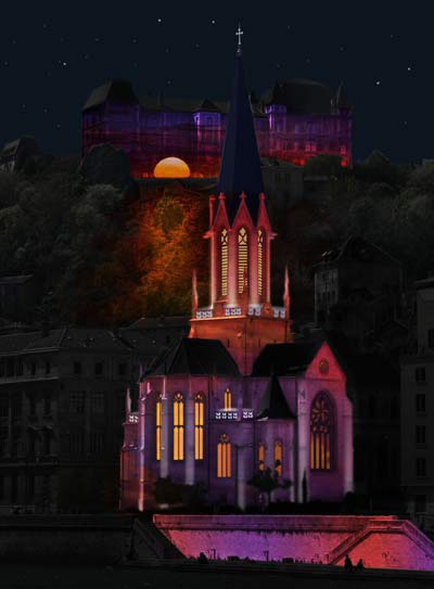 vieux-lyon-saint-georges-lycee-saint-just-fete-lumiere-lyon A la rencontre du rayon vert - Chevet de l'Eglise Saint Georges et lycée Saint Just - Jean-Luc Hervé / Les Orpailleurs de lumière