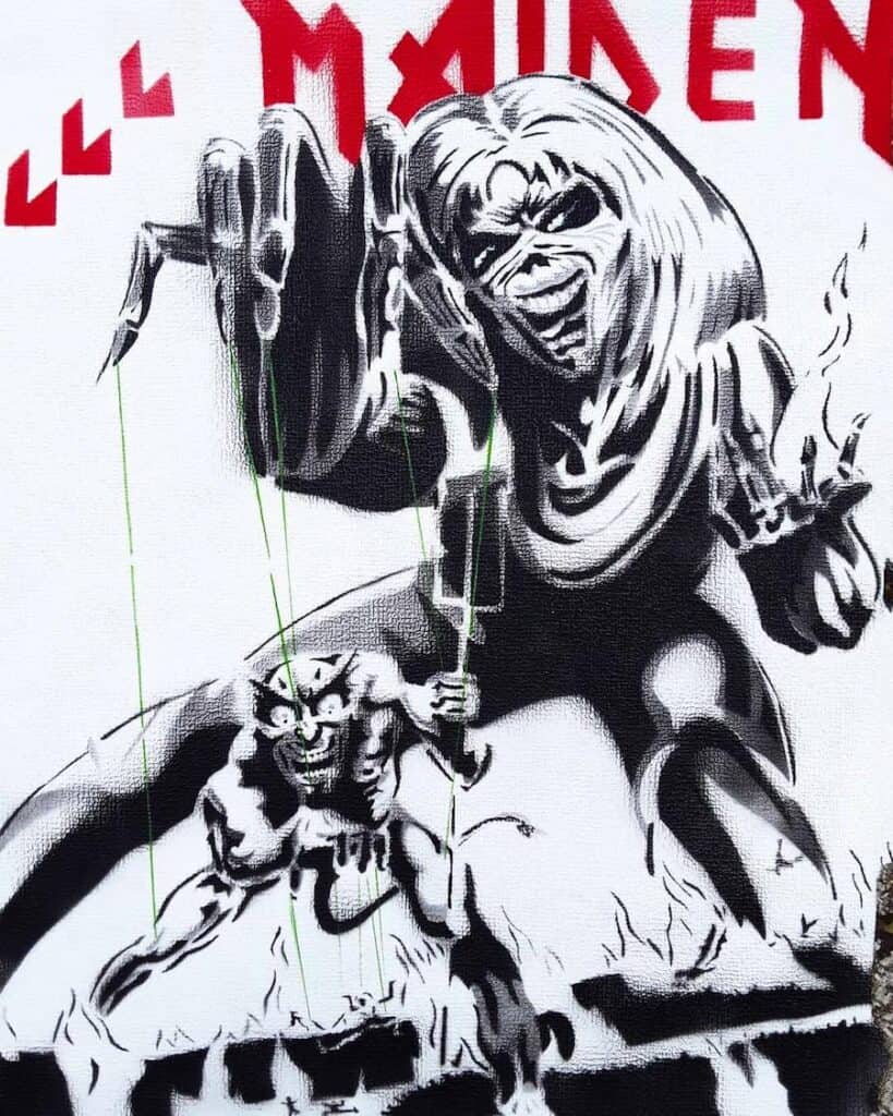 pochette du 33 tours Number of the beast de Iron Maiden illustrée par Derek Riggs réinterprétée par Jalb38, street art Lyon