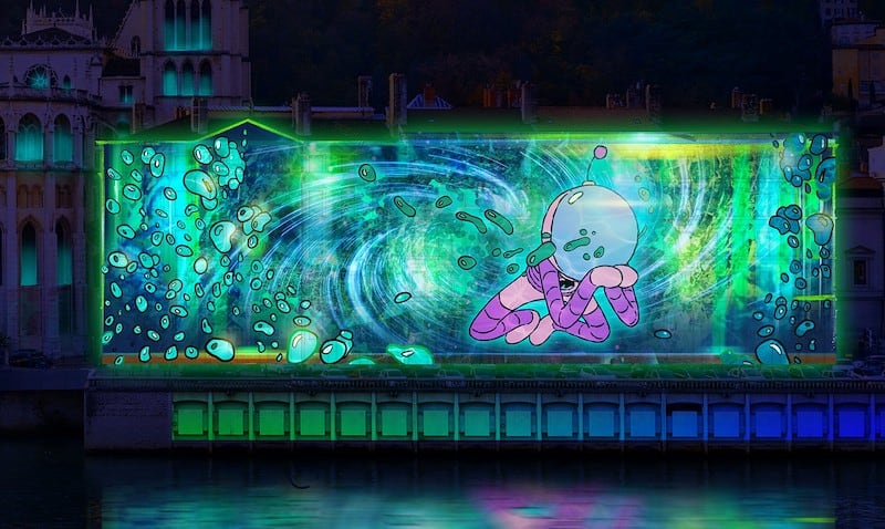 Fête des lumières Lyon 2022 - Bas de la colline de Fourvière en bord de Saône — Simulation de "Le voyageur céleste" par Jérôme Jouvray et l'Atelier KB.