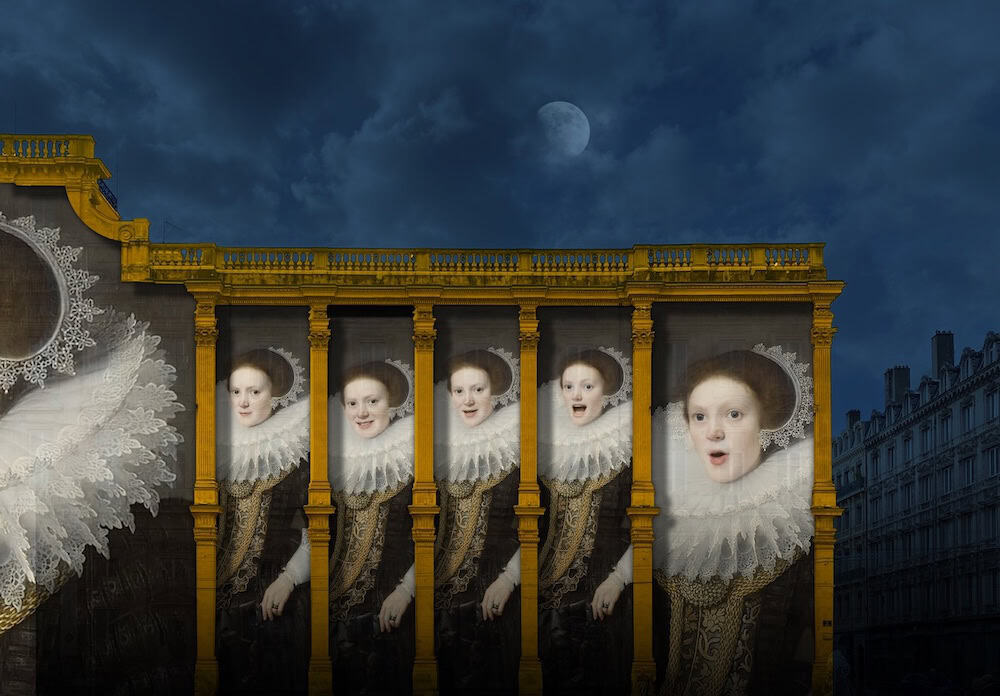 Fête des lumières Lyon 2022 - Simulation de l'illumination Grand Mix sur la façade du Musée des Beaux-Arts de Lyon © Inook