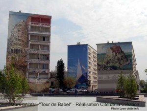 Murs peints "Tour de Babel", Nicolas de Crécy, Bruegel, réalisation Cité de la Création