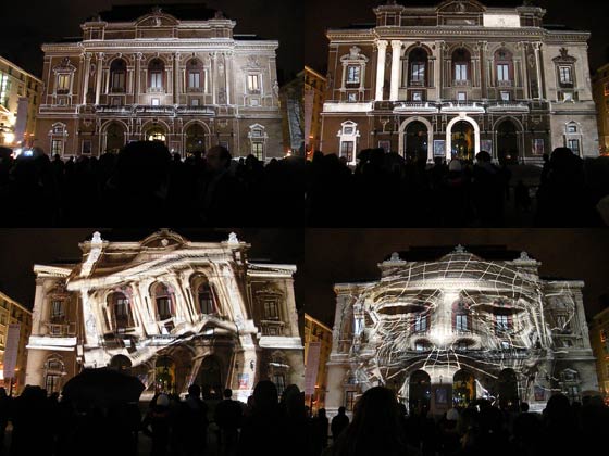 Montage de 4 photos prises durant l'animation projetée sur la façade du théâtre des Célestins