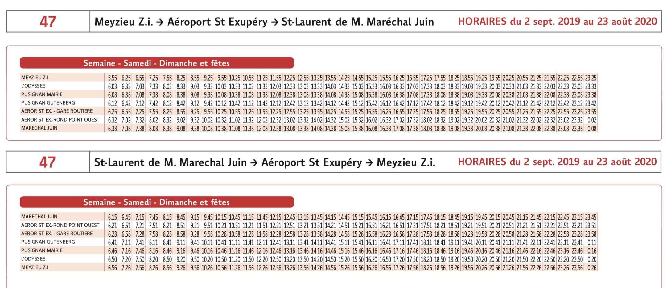 Horaires TCL ligne 47 de Meyzieu terminus T3 à aéroport Lyon Saint-Exupéry et retour