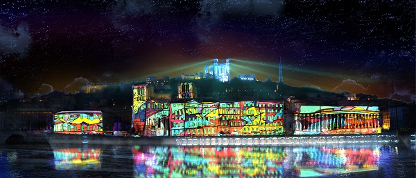 Fête des lumières Lyon 2018, colline de Fourvière depuis les quais de Saône, « Reflets » par Damien Fontaine